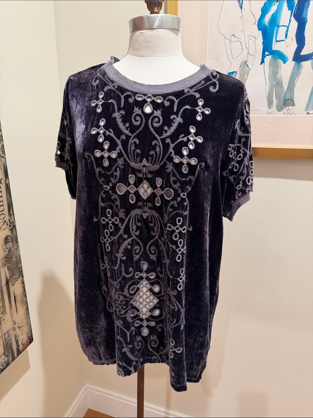 Johnny Was Black Velvety S-Sleeve Embroidered Tee with Peekaboo Holes on from